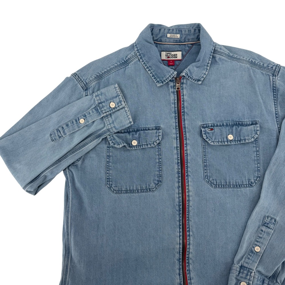 Tommy Hilfiger Denim Mens M Light Wash Full Zip Relaxed Fit Shirt Jacket Logo
